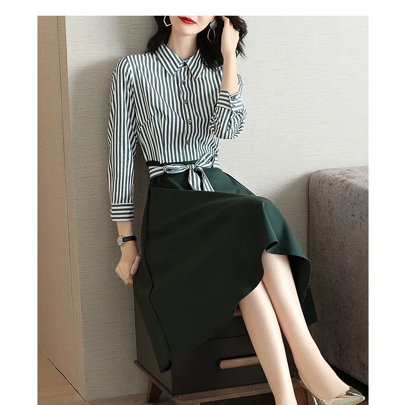 

Europe And America Elegant Fresh Shirt Dress 2020 Spring Autumn Clothing New Style Waist Hugging Slimming Joint Striped Dress