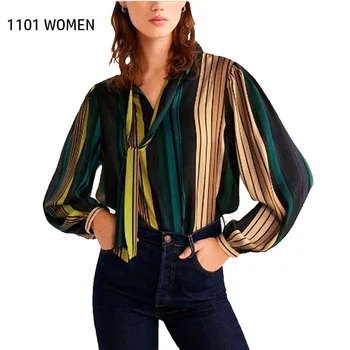 

ZA newwomen Color stripes Bow tie fashion basic style blouse Casual ladies female clothes