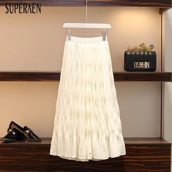 

SuperAen 2020 Spring and Summer New Women Skirts Pluz Size Fashion Solid Color Ladies Pleated Skirts Temperament High Waist