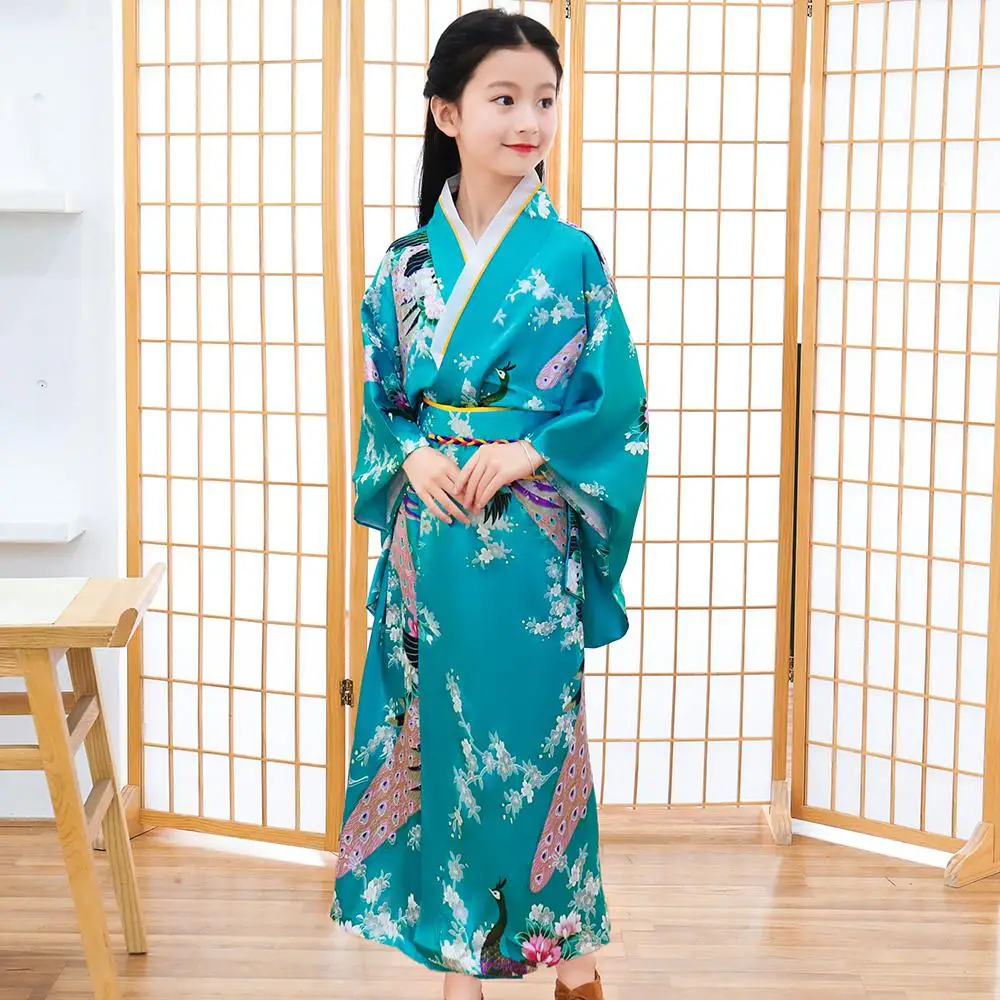 Print Flower Children Japanese Traditional Evening Party Prom Dress Performace Clothing Kimono Bathrobe Gown Full Sleeve Gown - Цвет: Lake Blue