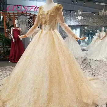

AXJFU luxury princess beading flower golden lace wedding dress vintage o neck long sleeve sparkly turkey wedding dress 400