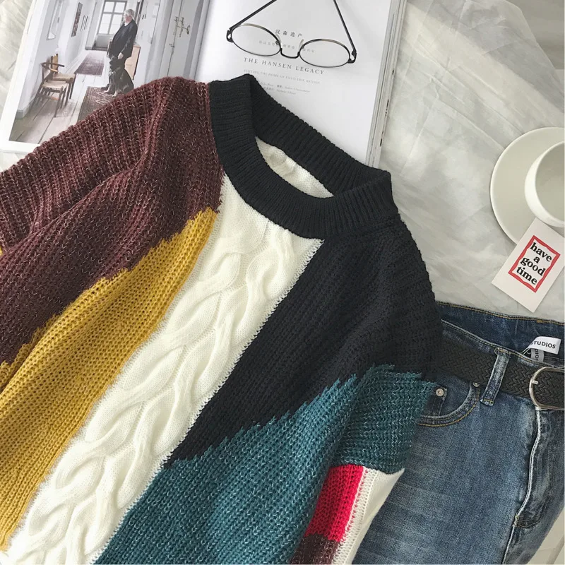 UYUK2019 Autumn And Winter Models Trend Street Loose Casual Multicolor Stitching Contrast Color Men's Round Neck Sweaters UYUK2019 Autumn And Winter Models Trend Street Loose Casual Multicolor Stitching Contrast Color Men's Round Neck Sweaters