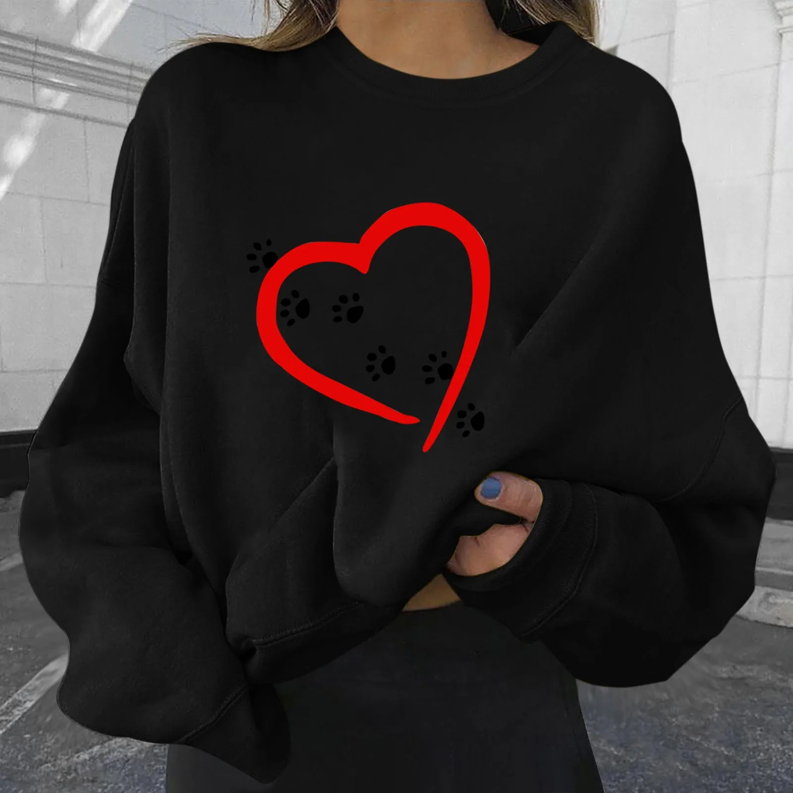 

Women's Pullover Sweatshirt Heart Printed Long Sleeve Off Shoulder Tops Autumn Winter Sweat Shirts Woman Casual Sweatshirt