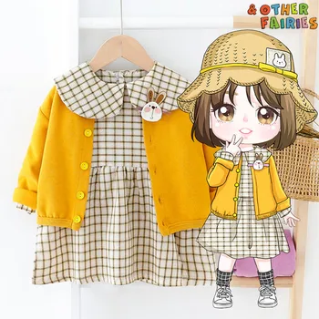 

Baby girl clothes autumn children's suit cartoon rabbit plaid dress knitted cardigan two-piece girl cute costume 0-4 years old