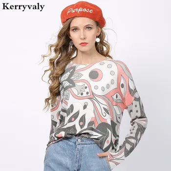 

New Long Sleeve Printed Pink Sweater Women Pullover Knitting Shirt 2020 Autumn Tops Elegant Crew Neck Large Size Sweater D6334