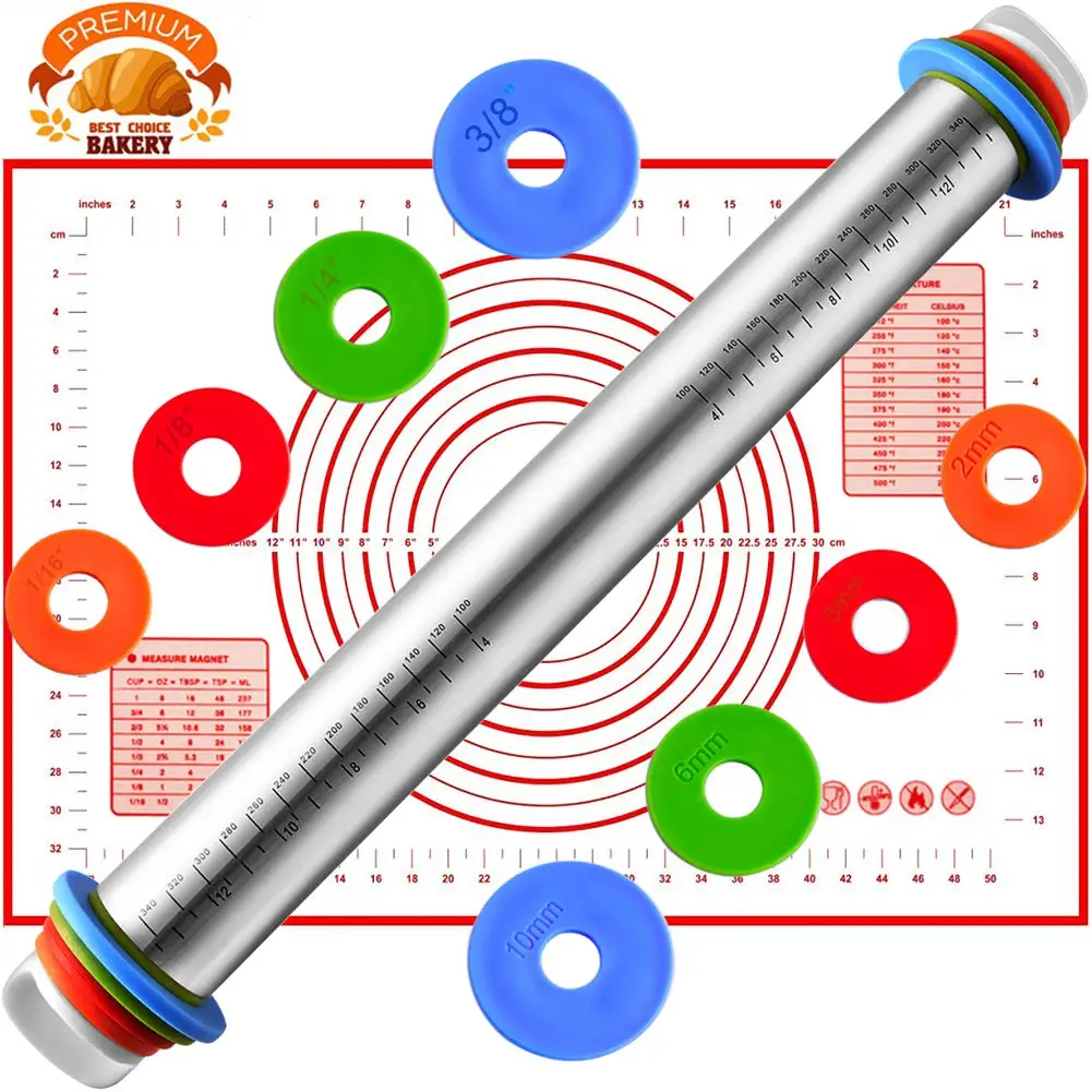 Rolling Pin and Silicone Baking Pastry Mat Set, Non Stick Stainless Steel Roller, Rolling Pins with Adjustable Thickness Rings