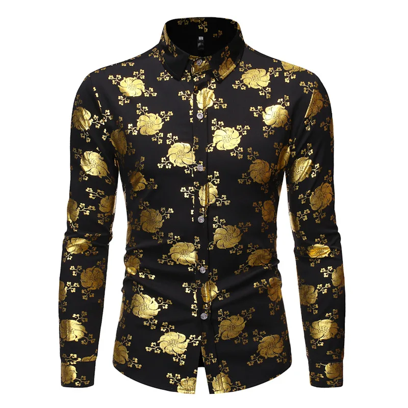 

Gold Floral Print Men Shirt 2023 Luxury Brand Mens Dress Shirts Slim Long Sleeve Shirt Men Nightclub Prom Shirt Camisa Social