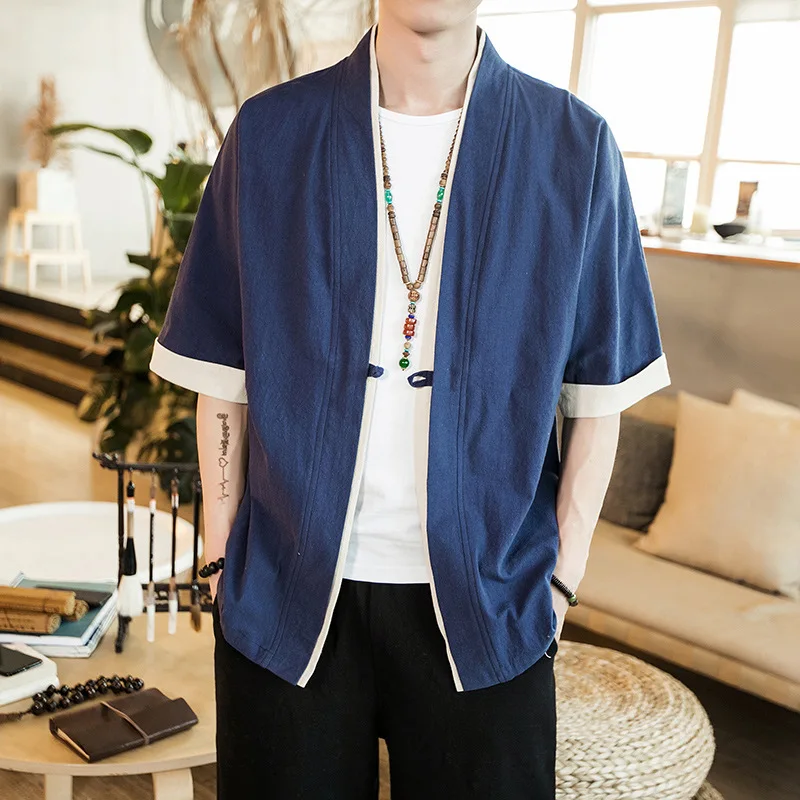

2020 Spring Summer New Chinese Style Jacket Five-point Sleeve Male Tang Suit Japanese Style Button Buckle Cardigan Robe Kimono