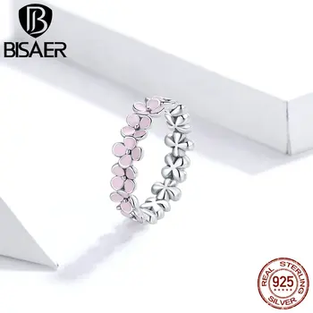 

BISAER 925 Sterling Silver Pink Wreath Wedding Ring Jewelry Silver 925 Finger Rings for Women Engagement Anel HSR681
