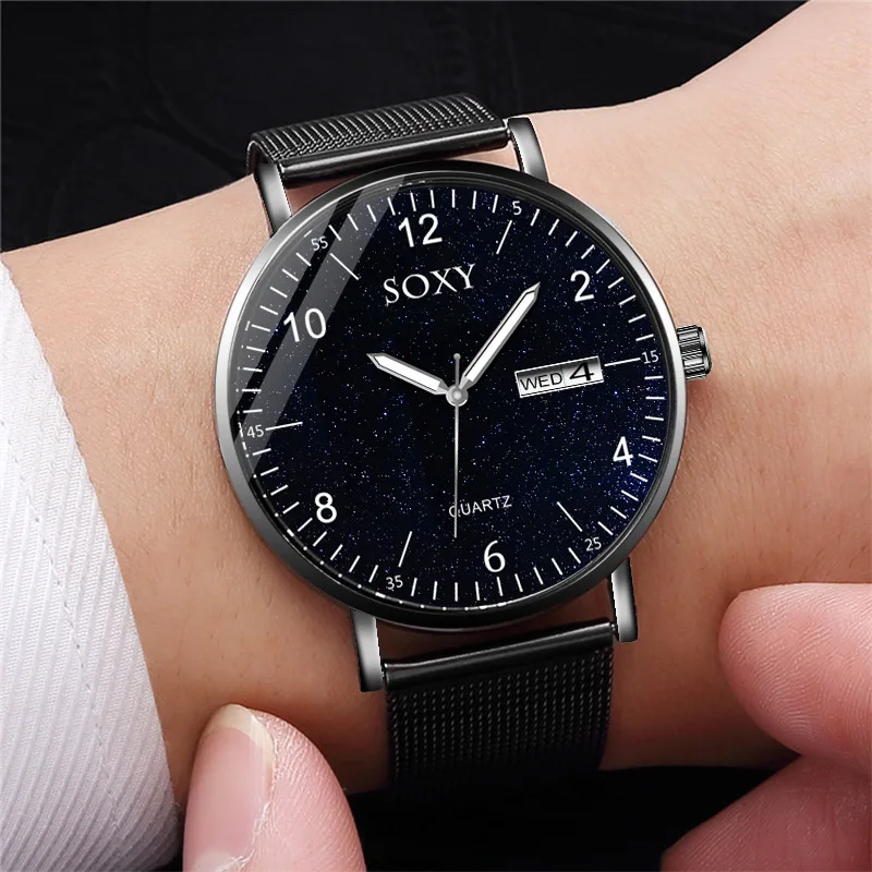 

SOXY To Brand Luxury Men's Watch Quartz Steel Mesh Strap Date Luminous Star Sky Dial Clock Zegarek Meski Wristwatch 2019