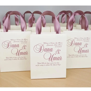 

Personalized Elegant Dusty Rose Wedding Welcome bags for wedding favor for guests, Ivory Gift Bags with satin ribbon and names