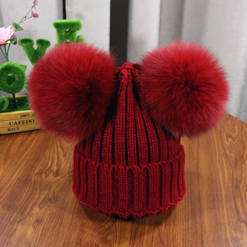 2021 New double natural Pom Poms hat Girls Boys Winter Warm Fur Pompom Ball Knitted Beanies Hat Skullies Beanies Cotton Bonnet