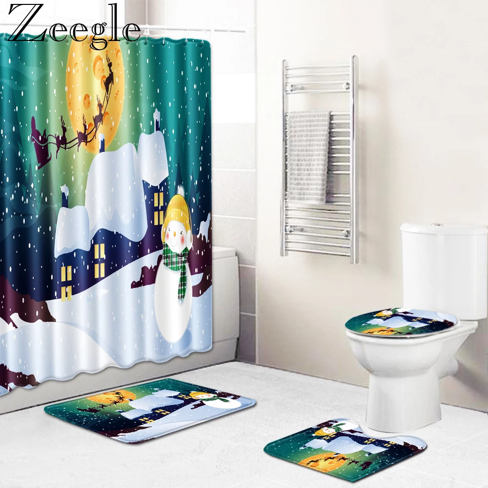 Zeegle Christmas Bath Curtain Waterproof Bathroom Curtain Absorbent Shower Mat Toilet Cover Mat Washable Bathroom Rug Set