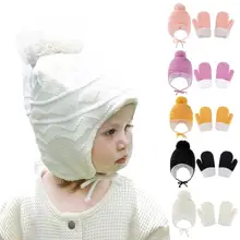 Baby Winter Hats And Gloves Set Cute Kids Bobble Hat With Ear Flaps Warm Baby Knitted Beanie Hats With Gloves Kids Trapper Hat