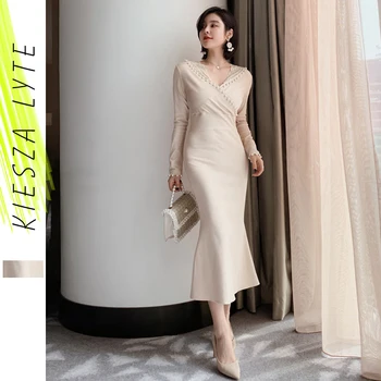 

Women Elegant Dress Lady Evening Party Sexy V Neck Patchwork Lace Pearl Beige Long Fishtail Dresses Vestido