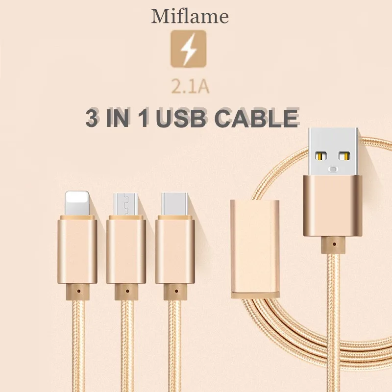 

Miflame 3 In 1Nylon USB Cable 1.2m Micro USB Cable For Android USB Type C Mobile Phone Cable USB Cable for i0S 3 In 1 Cable