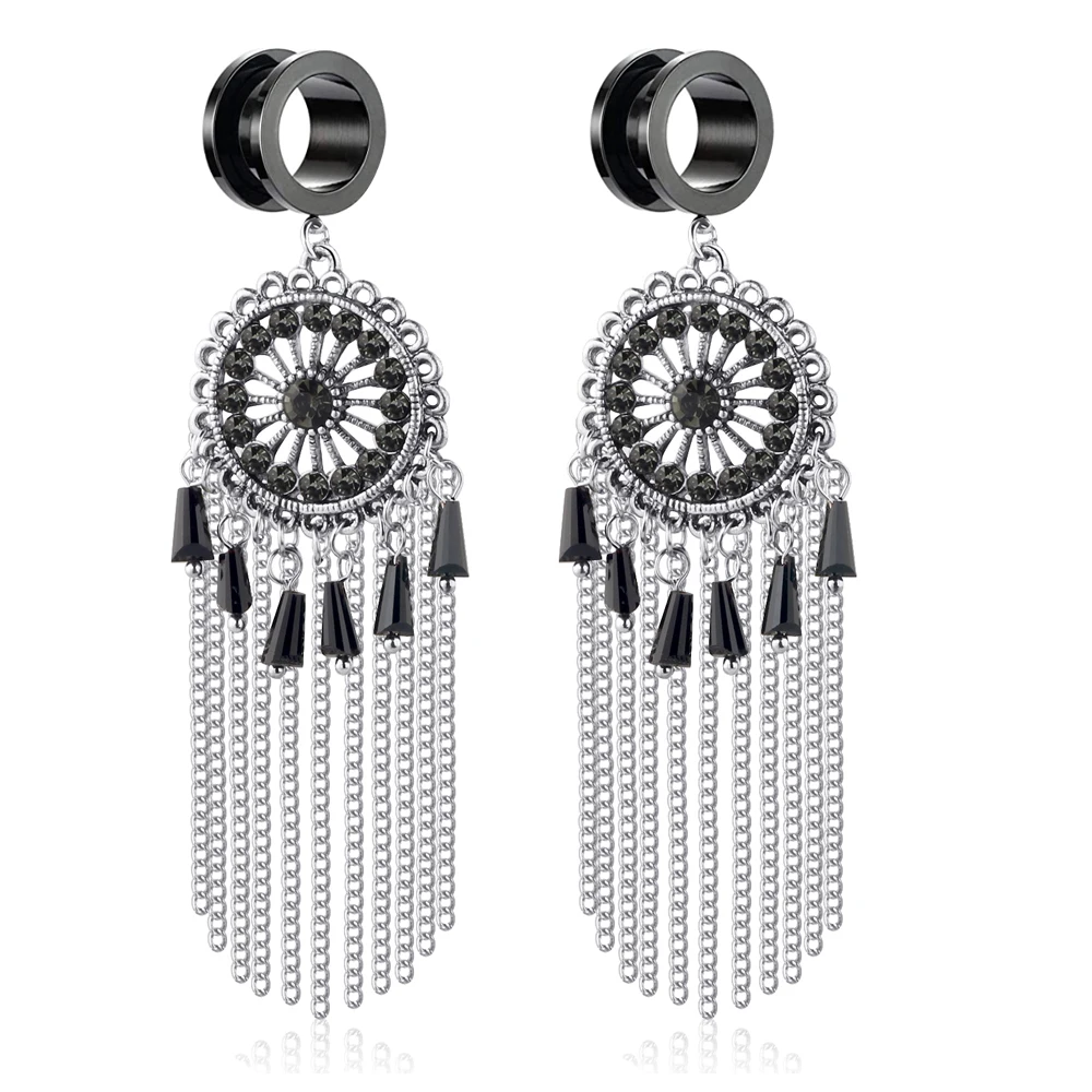 

TIANCIFBYJS Black Ear Tunnels 00 Gauges For Women Dangle Guages Plugs Earrings Long Tassel Crystal Fashion Ear Gauges Stretcher