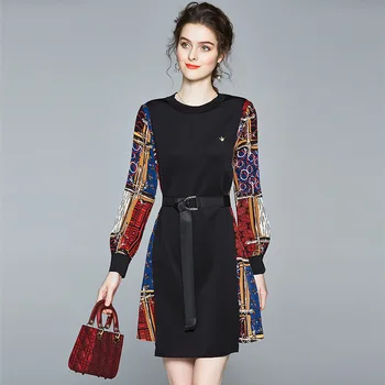 

2020 Spring BLACK British Plaid Vintage Dress O-Neck Belt Short Sleeve Swing Party Robe Rockabilly 50s Retro Dresses
