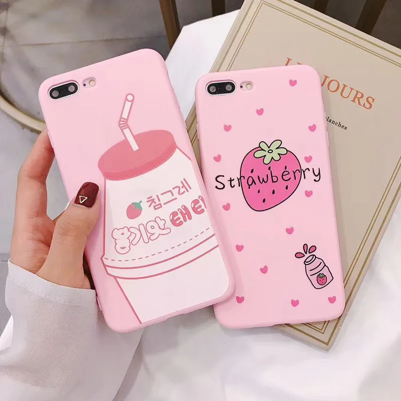 

Strawberry milk phone case for iphone xs max xr x soft silicone korea pink style cover for iphone 6 6s 7 8 plus 7plus capa coque