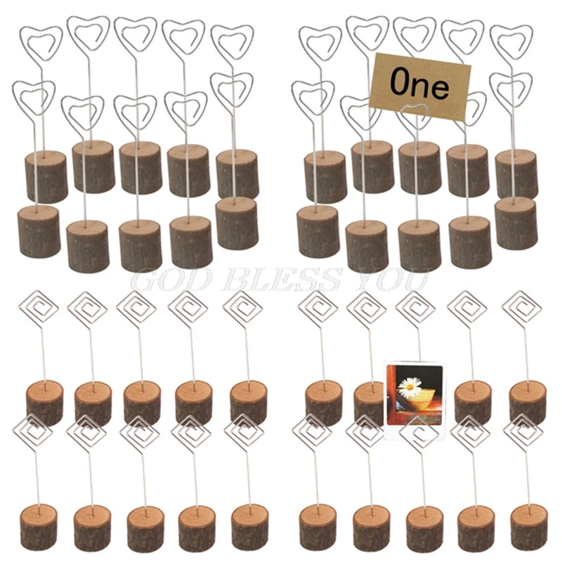

10pcs Rustic Natural Wood Base Iron Wire Heart Table Name Number Place Card Holder Memo Note Photo Picture Clip Wedding Decor