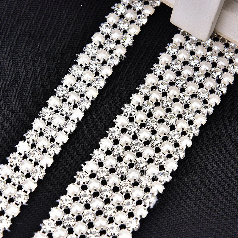 1yardx 3cm Pearl+ Rhinestone Mesh Drill Chain Clothing Pants Decorative