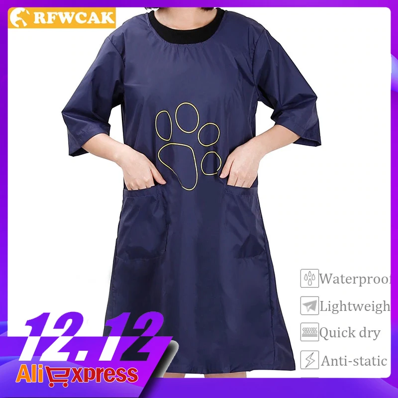 

RFWCAK Half Sleeve Anti-static Pet Beautician Work Clothes Apron For Dog Cat Hairdressing Grooming Pet Store Beauty Robe Dress