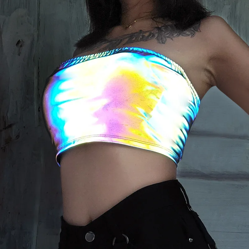 

NEW Women Reflective Crop Top Cool Tube Bandage Cross Lace Up Wrapped Chest