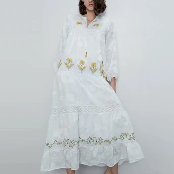 

TEELYNN long sleeve tunic white cotton midi women dresses 2020 vintage floral embroidery loose boho dress casual holiday vestido