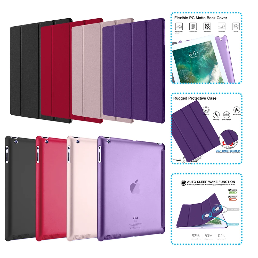 

PU leather+PC Tablet Protective Hard shell Auto-awake EBook Smart Dust Case Cover For Apple iPad 2 3 4 Foldable Tablet Stand