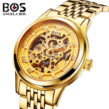 

Relogio Masculino ANGELA BOS Gold Skeleton Automatic Watch Mens Waterproof Luxury Luminous Military Mechanical Wrist Watch Clock