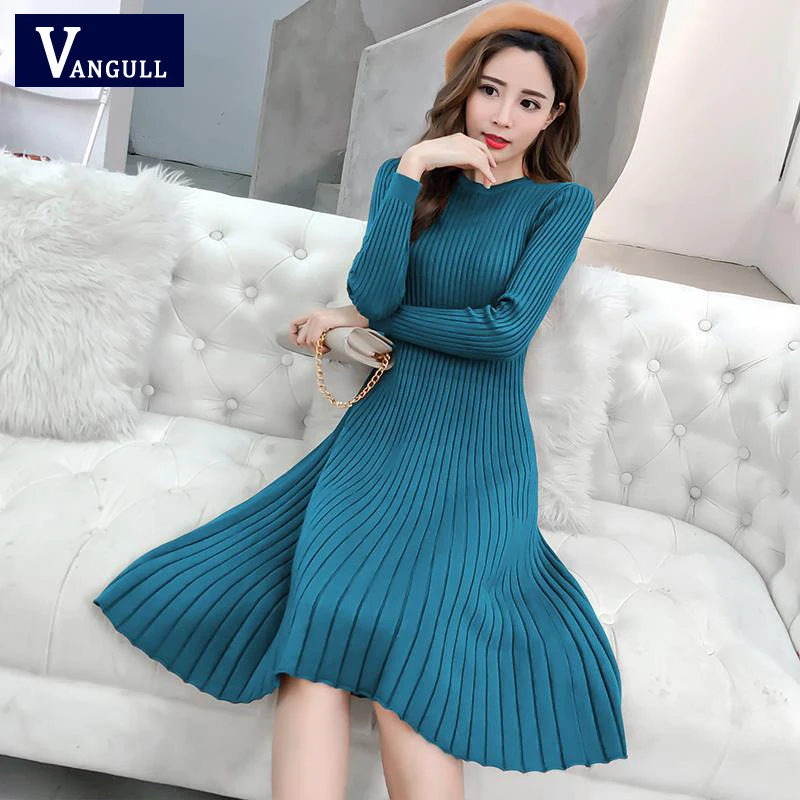 

Vangull Women Pullover Sweater Dress Fashion Long Style O-neck Knitted Long Sleeve Vintage Autumn Winter Female Outwear Dresses