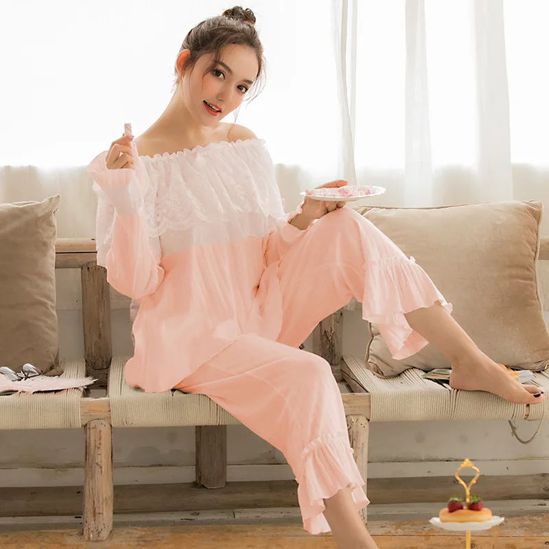 

Spring Autumn Winter Long Sleeve Pure Cotton Korean-style Fresh Students Pajamas Women's Thin Princess Style-Outer Wear Homewear
