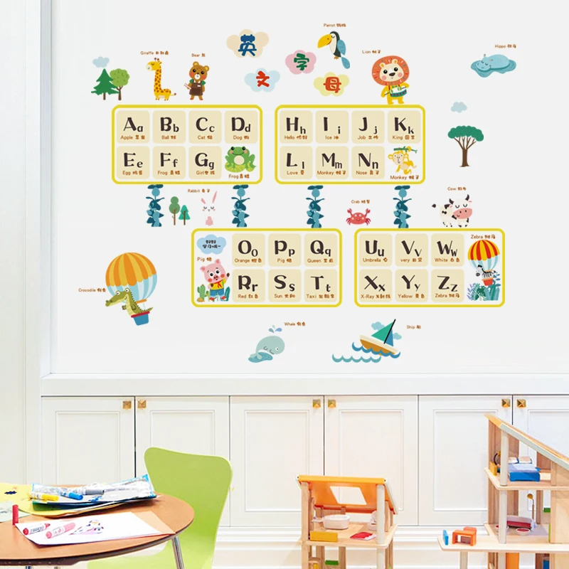 

Cartoon Animals Wall Stickers Jungle Wild 26 Letters Alphabet Wall Decal for Kids Rooms Home Decor Nursery Mural Art Wallpaper