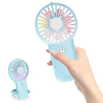 

USB Fan, USB Mini Handheld Fan with LED Lights, Rechargeable Fan with Stand, 3 Speed Lower Noise Fan for Home Office Travel (Blu
