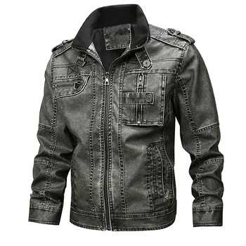 

Fashion Winter Leather Jacket Men Stand Collar Motorcycle Washed Retro Leather Jacket European Size Mens Coats
