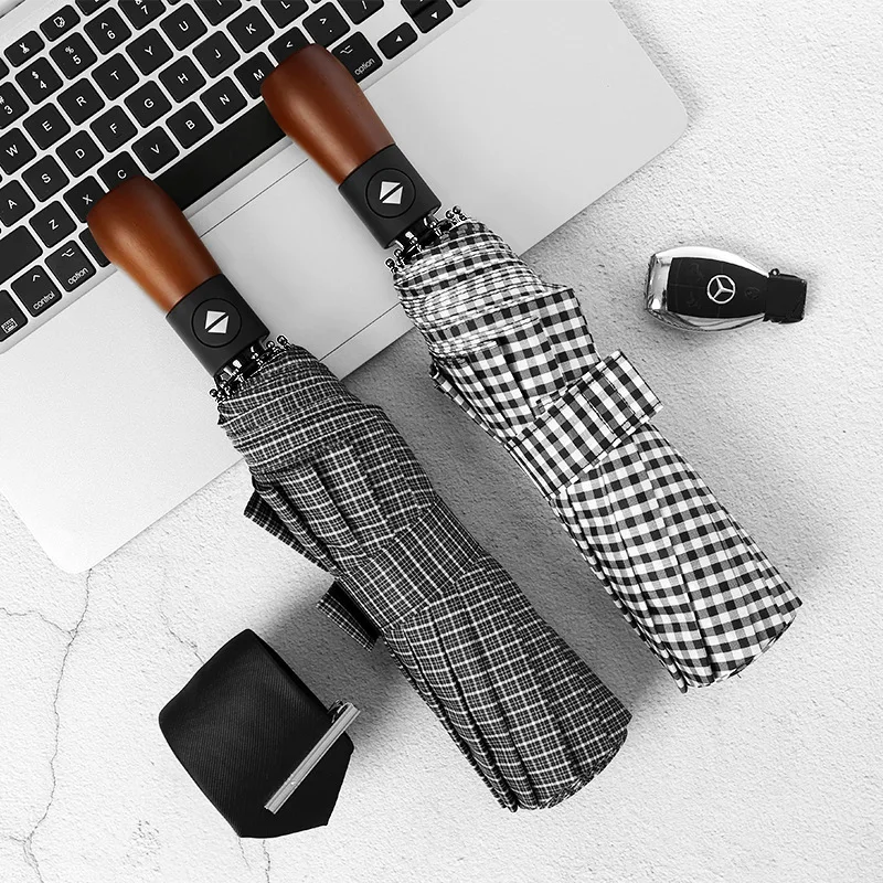 

Automatic Umbrella Men Tri-fold Male Business Created Sunny Rain Double Layer Windproof Durable Wooden Handle Parasol Female Gif