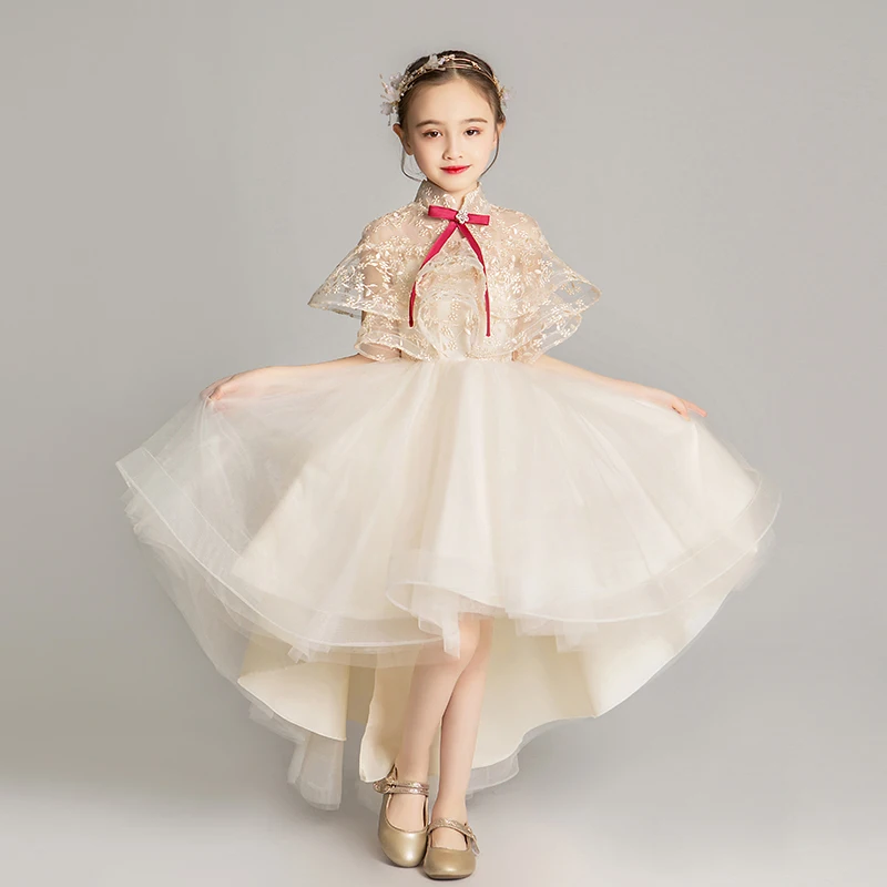 

Champagne Tulle Children's Princess Dress Beads Bow Wedding Dress Flower Girl Evening Dress Baby Girl Baptism Pageant