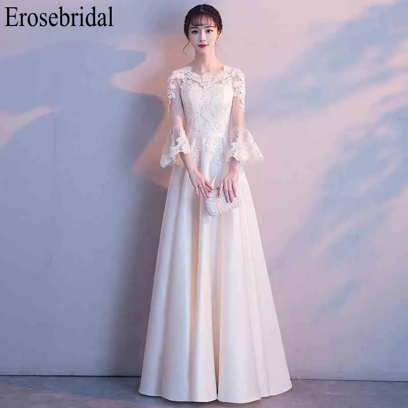 

Erosebridal Long Sleeve Evening Dress Long 2019 A Line Satin Gown Evening Illusion Back Occasion Dresses for Women robe soiree