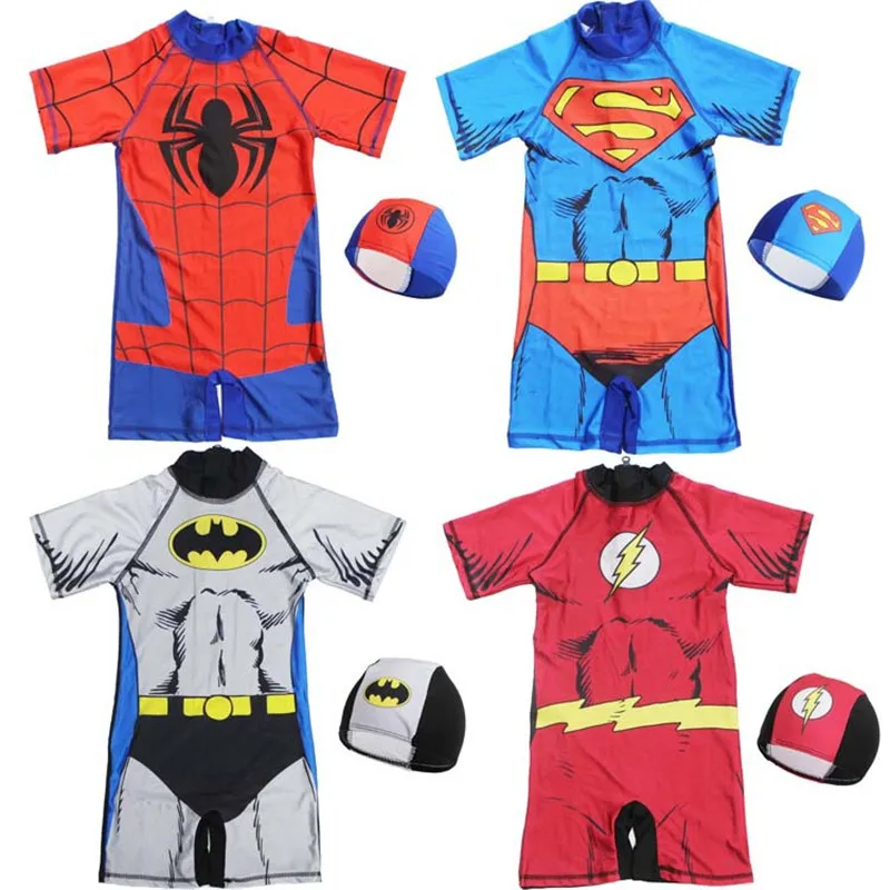 

2Pce Superhero Boys Swimsuit Superman Baby Swimwear Child Bathing Suit Print Batman Spiderman Swimwear With Cap Swimming Suit