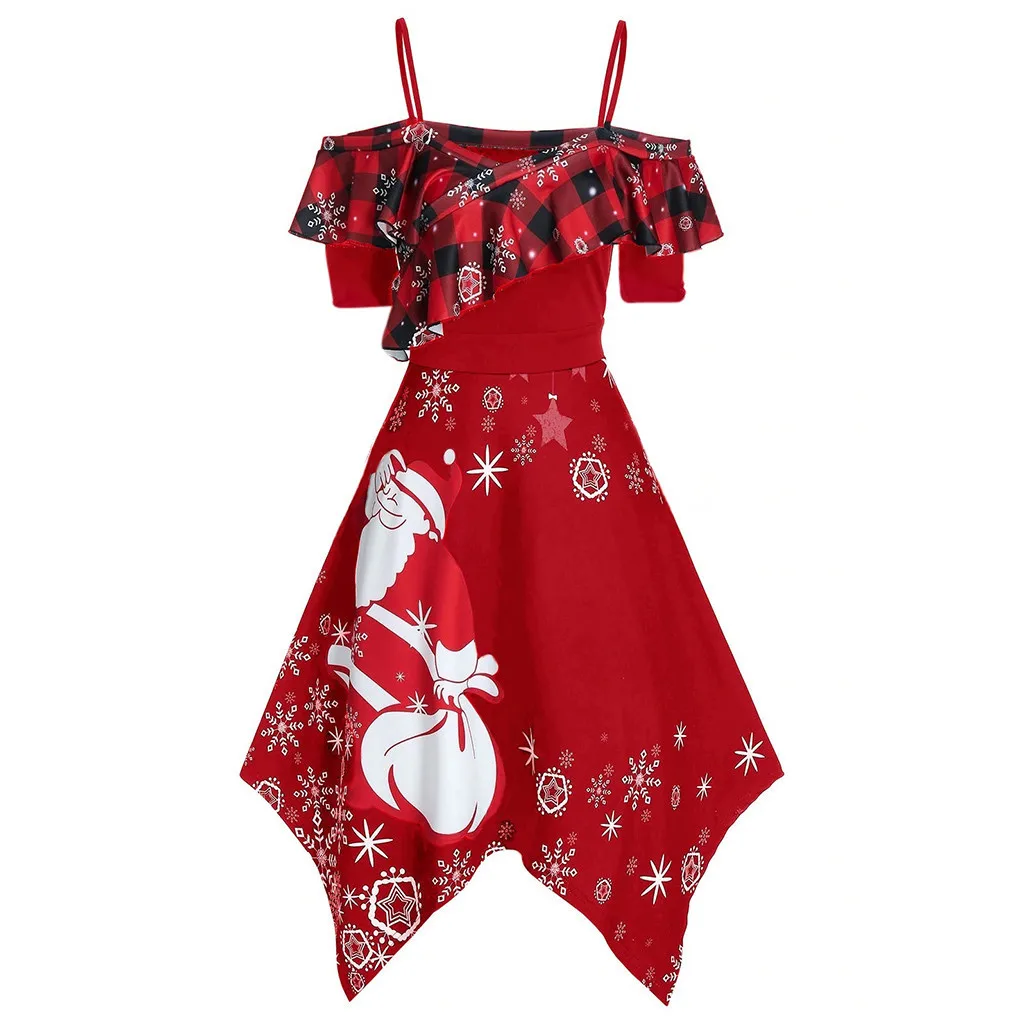 KANCOOLD большой размер для женщин Рождество Санта Клаус Снежинка печати ремень короткий рукав плед сшитое платье - Цвет: Красный