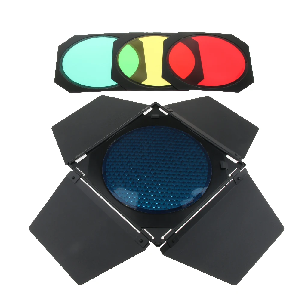 Barn Door Honeycomb Grid with 4 Color Gels Filter for 18cm / 7 inch Standard Reflector