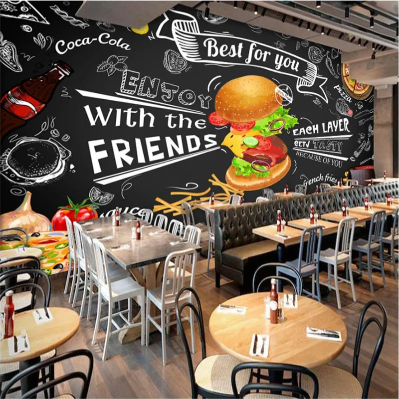 Stile Occidentale Fast Food Industrial Decor 3D Murale Carta Da Parati Hamburger Patatine Fritte Pollo Pizza Ristorante Snack Bar Carta Da Parati 3D
