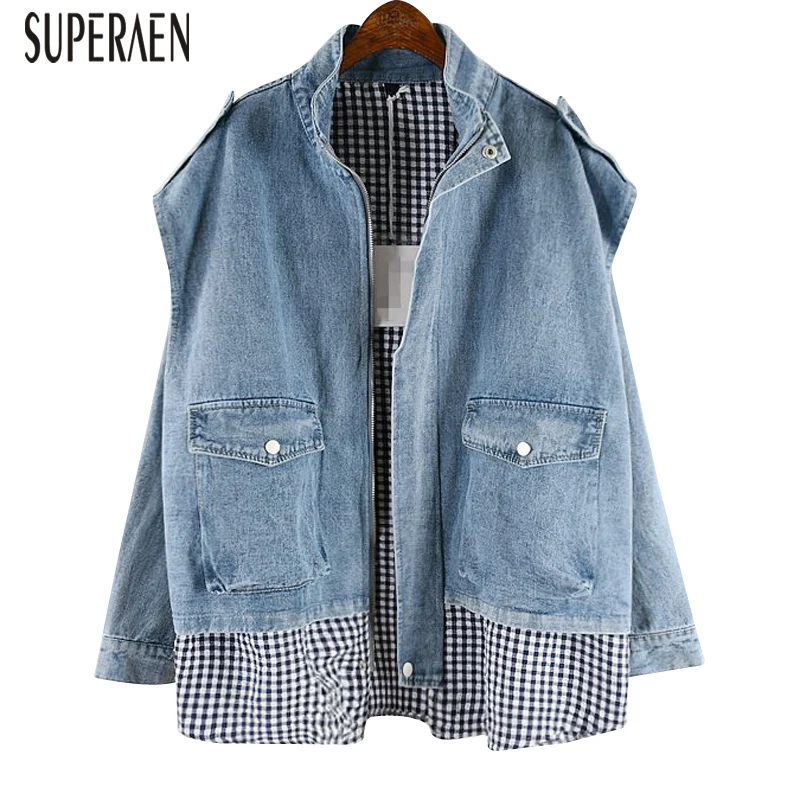 

SuperAen Casual Korean Style Denim Jacket Female 2019 New Spring and Autumn Plaid Stitching Ladies Jackets Fake Two-piece Tops