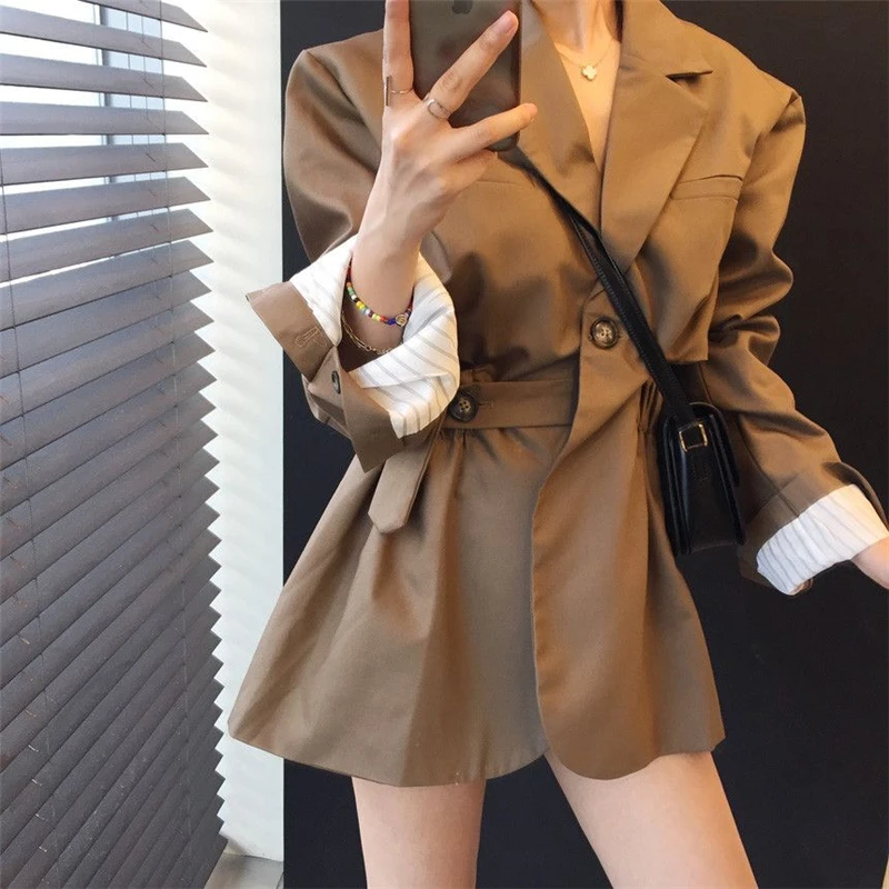 

Retro Waistless Khaki Suit Dress Women Spring Fall Turn-down Collar Long-sleeved Belt Elastic Waist Mini Dresses Female