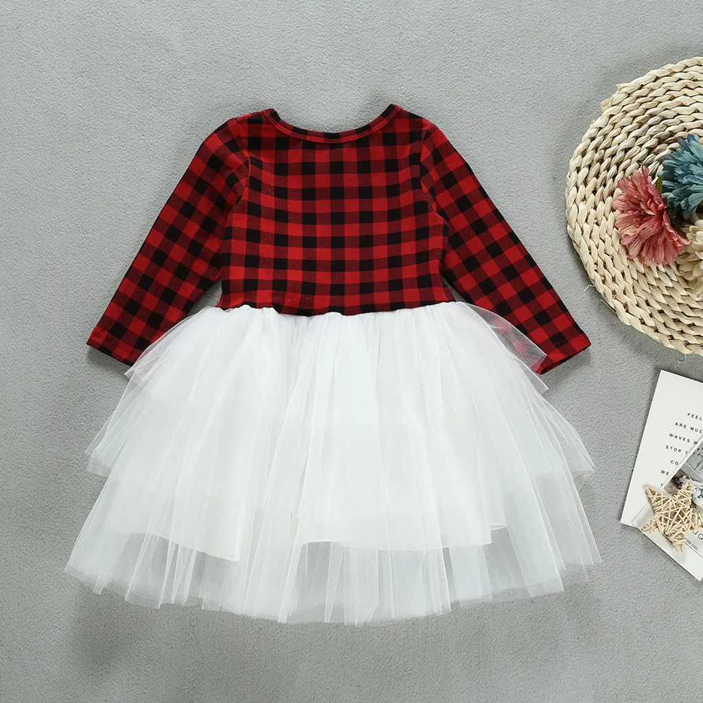 Платье-пачка с буквенным принтом на Рождество для маленьких девочек; модное осеннее клетчатое платье принцессы с длинными рукавами для малышей