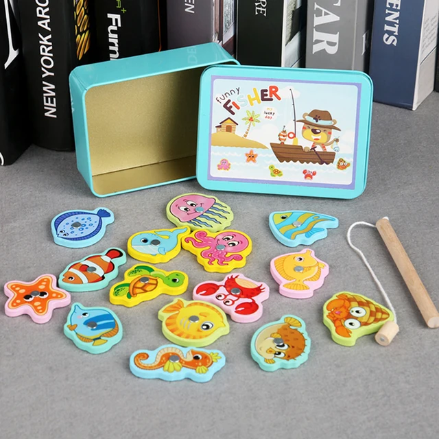 15Pcs Wooden Magnetic Fishing Toy Set Baby Educational Toys Fish Game Educational Fishing Toy 1
