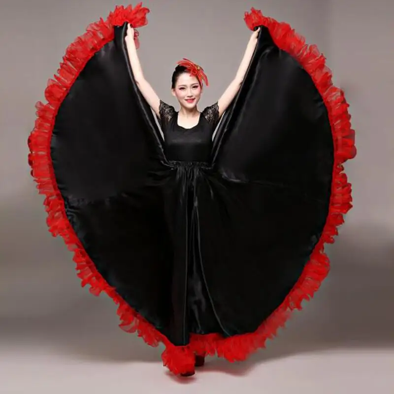 Танец фламенко юбка Золотой испанский танцевальный костюм для женщин Vestido фламенко 360-720 градусов плюс размер - Цвет: Black 720 Degree