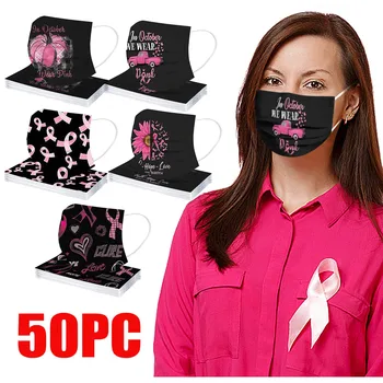 

Mascarilla 50pcs Women Black Masks Breast Cancer Awareness Hope Ribbon Print Adult Disposable 3-layer Mask Mouth Caps Disposable