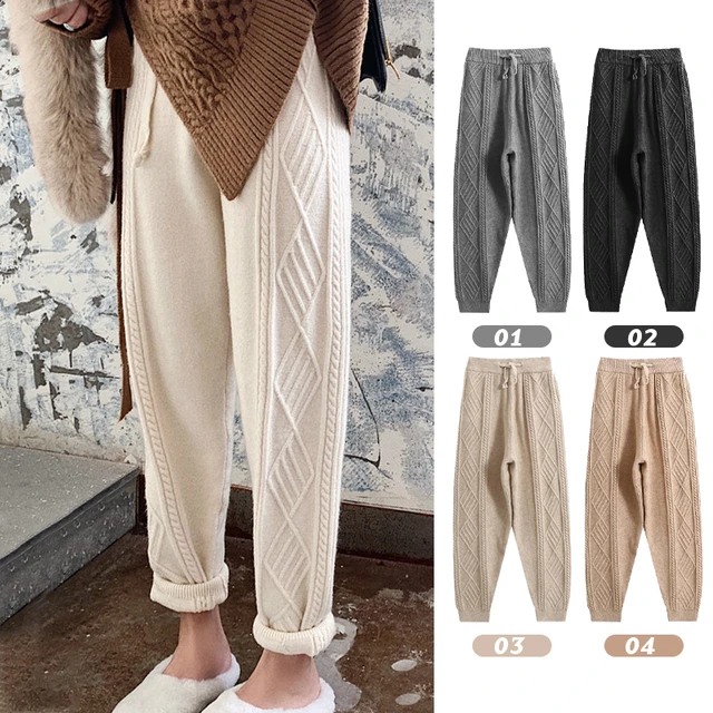 Winter Thicken Womens Harem Pants With Drawstring And Twisted Knit