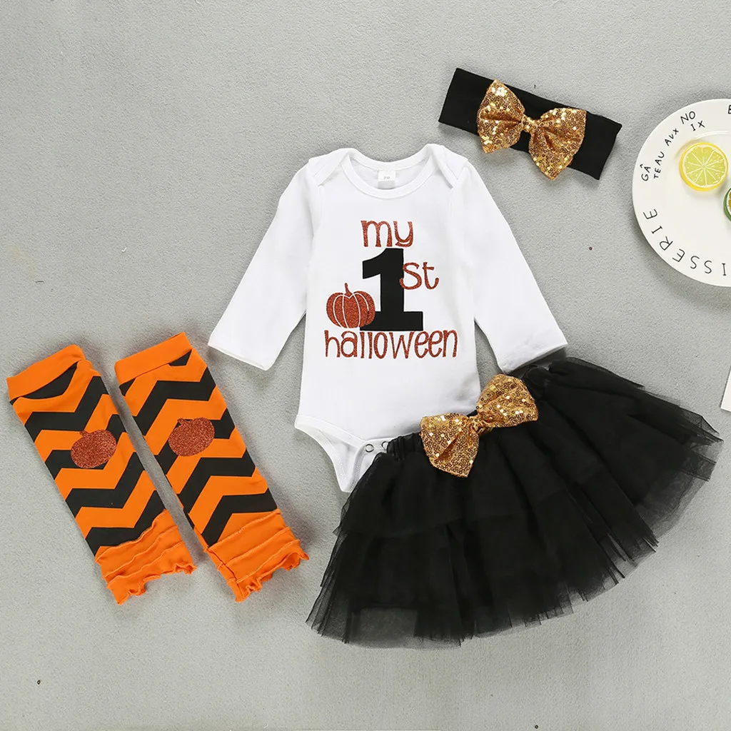 

2019 Halloween Newborn Baby Girls Clothes My First Halloween Print Romper Skirt Sock Headband Set 4pcs Infant Baby Girl Outfit